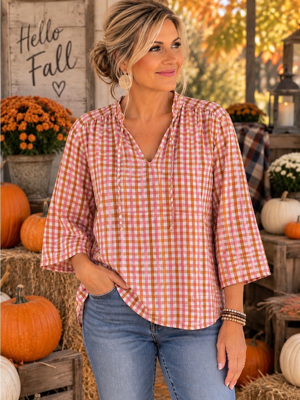 Old Navy Pink Plaid V-Neck Peasant Blouse